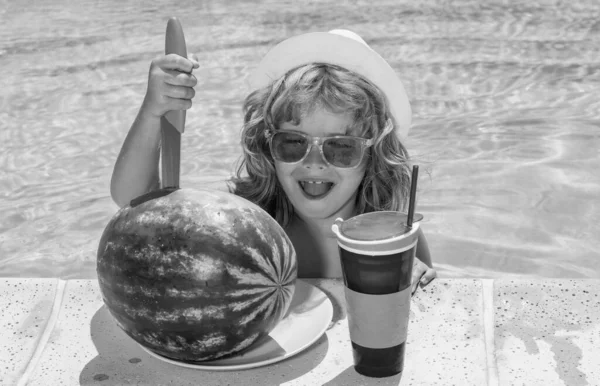 Kid Boy Hold Watermelon Relaxing Pool Child Swimming Water Pool — ストック写真