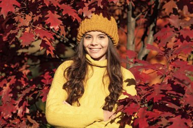 Teenager girl on autumn fall background. smiling kid in hat at autumn leaves on natural background.