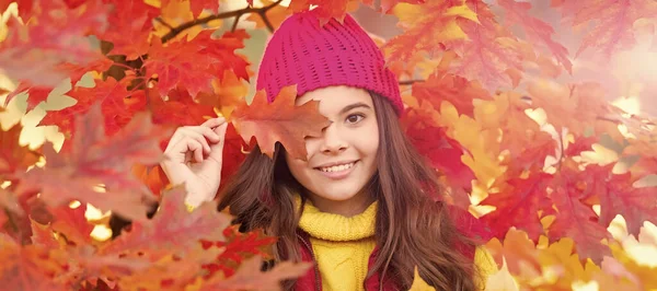 Happy Teen Girl Hat Autumn Colorful Oak Tree Leaves Fall — Stock Photo, Image