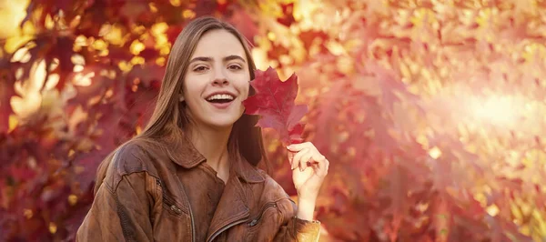 快乐的女人带着秋天五彩斑斓的树叶在树旁 肖像画 秋季女子横幅与复制空间 — 图库照片