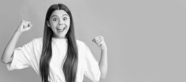 express positive emotions. pure success. Child face, horizontal poster, teenager girl isolated portrait, banner with copy space