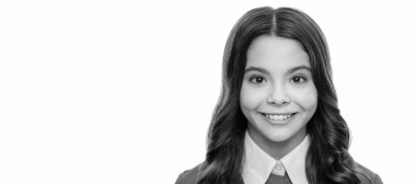 pretty look of young girl. portrait of happy child isolate on white background. Child face, horizontal poster, teenager girl isolated portrait, banner with copy space