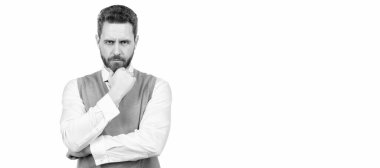 İnsan yüzü portresi, fotokopi alanı olan pankart. Erkek güzelliği. Boz adam portresi. Sakallı, olgun, zarif bir adam.