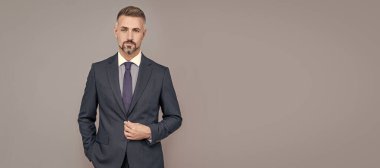 Her zaman müsait. Erkek resmi moda. Profesyonel traşsız CEO. Boz saçlı patron. Kendine güvenen iş adamı İnsan yüzü portresi, kopyalama alanı olan pankart