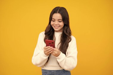 Cep telefonu kullanan, internette sohbet eden, SMS yazan güzel bir genç kızın portresi. Akıllı telefon için mobil uygulama. Çocuk yaşam tarzı konsepti. Kopyalama alanı oluşturun. Mutlu yüz.