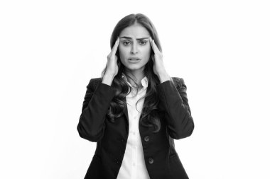 Portrait of young woman feeling stress or strain headache. Exhausted tired girl desperate and stressed because pain and migraine. Female employee young secretary