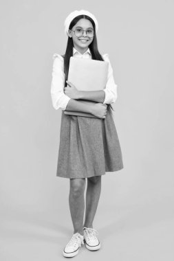 Back to school, Teenager school girl with laptop computer. Happy face, positive and smiling emotions of teenager schoolgirl