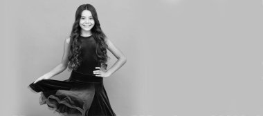 dancing school. full length of kid with wavy hair. beauty and fashion. Child face, horizontal poster, teenager girl isolated portrait, banner with copy space