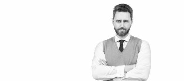 Man face portrait, banner with copy space. charismatic guy in formalwear crossed hands isolated on white background, copy space, confidence