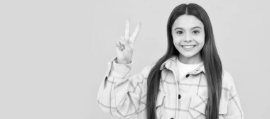 happy child girl wear pink checkered shirt. Child face, horizontal poster, teenager girl isolated portrait, banner with copy space