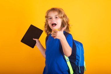 School and education concept. Portrait of cute child school boy isolated on yellow studio background. Back to school