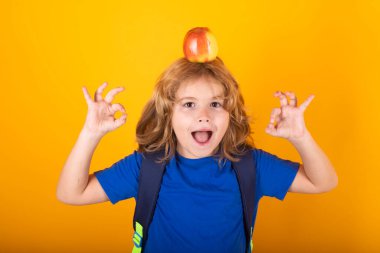 Excited funny pupil. Little student school child isolated on studio background. Portrait of nerd student with school supplies