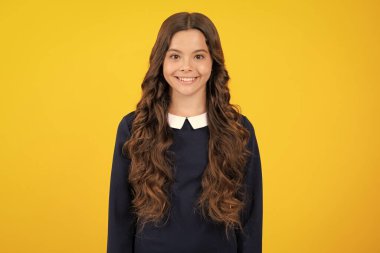 Güzel genç kız öğrenci. Tecrit edilmiş bir arka planda genç bir kızın portresi. Zeki liseli kız, zeki inek çocuk.