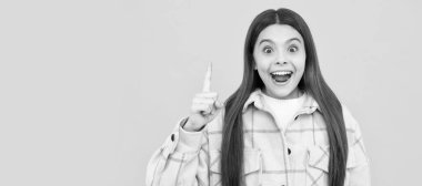 Fikirden esinlendim Çocuk günlük tarzında. Ergen çocuk ekose gömlek giyiyor. Kareli flanel ceket. Çocuk yüzü, yatay poster, izole edilmiş genç kız portresi, fotokopi alanı olan pankart