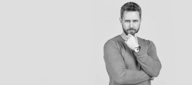 İnsan yüzü portresi, fotokopi alanı olan pankart. Başarılı adam. kopyalama alanı. Erkeklerin güzellik stili. Erkek modası