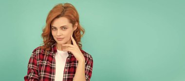 express positive emotions. thinking lady with curly hair. beauty and fashion. female model. Woman isolated face portrait, banner with mock up copyspace