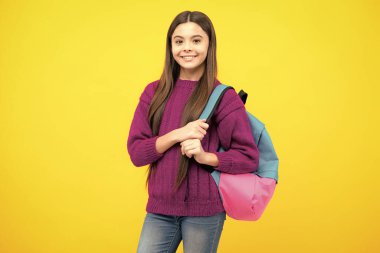 Sırt çantalı liseli kız. Tecrit edilmiş genç bir öğrenci. Çocuklar öğrenim, eğitim, öğrenim ve bilgi