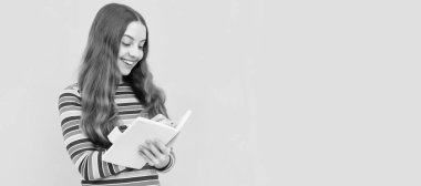 Keep calm and do your hometask. Happy child do homework assignment. Homework writing. Horizontal isolated poster of school girl student. Banner header portrait of schoolgirl copy space