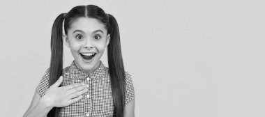 thank you. amazed child with teddy bear. present for holidays. Child face, horizontal poster, teenager girl isolated portrait, banner with copy space