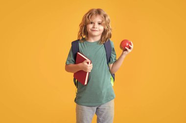Kid from elementary school. School child boy in school uniform with bagpack book and apple. School children on studio isolated yellow background