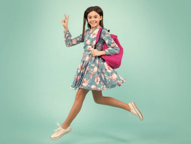 Sırt çantalı liseli kız. Tecrit edilmiş genç bir öğrenci. Koş ve atla. Öğrenme ve bilgi. Git çalış. Çocuk eğitimi konsepti. Mutlu ergen, pozitif ve gülümseyen duygular