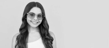 beach party. summer vacation. beauty portrait face. child with long hair wear glasses. Child face, horizontal poster, teenager girl isolated portrait, banner with copy space