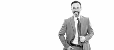happy mature grizzled boss in businesslike suit isolated on white, formalwear. Man face portrait, banner with copy space