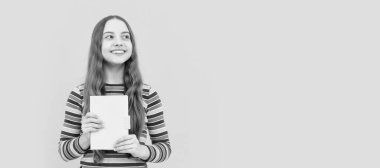 Get more knowledge. Happy child hold book. School education. Knowledge day. Banner of school girl student. Schoolgirl pupil portrait with copy space