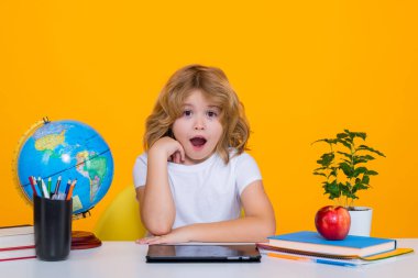 Öğrenci öğrencileri okulda dil ya da edebiyat öğreniyor. İlkokul çocuğu. Çalışan inek öğrenci portresi