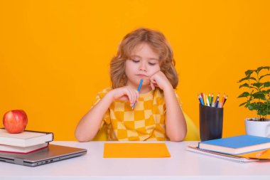 School kid 7-8 years old with book go back to school. Little student. Education concept