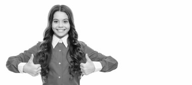 happy kid portrait has long curly hair isolated on white showing thumb up, skin. Child face, horizontal poster, teenager girl portrait, banner with copy space
