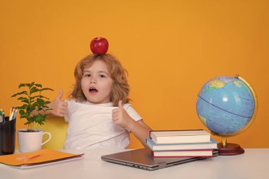 Kid boy from elementary school with book on yellow isolated background. Little student, smart nerd pupil ready to study. Concept of education and learning