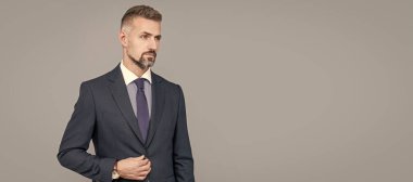 Man face portrait, banner with copy space. male formal fashion. professional unshaven ceo. confident grizzled boss. copy space