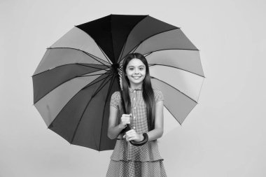 Happy teen girl holding rainbow umbella standing isolated on yellow background, isolated on white. Cheerful teenager child hold parasol. Summer dress