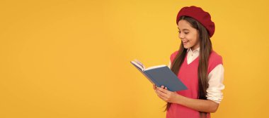 happy french teen girl hold notebook. childhood happiness. back to school. Banner of schoolgirl student. School child pupil portrait with copy space