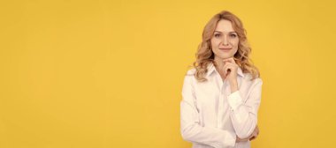 happy blonde businesswoman woman in white shirt, confidence. Woman isolated face portrait, banner with mock up copy space