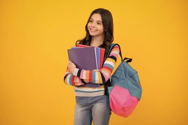 Kitapları ve defterleri olan mutlu liseli kız. Tecrit edilmiş bir geçmişi olan liseli kız öğrenci. Öğrenme ve bilgi. Git çalış. Eğitim kavramı