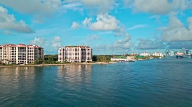 Panoramic view of Fisher island. Aerial panorama. Fisher island aerial view. Panorama aerial drone view of Fisher island, Miami. Miami beach from drone. Miami panorama with port.