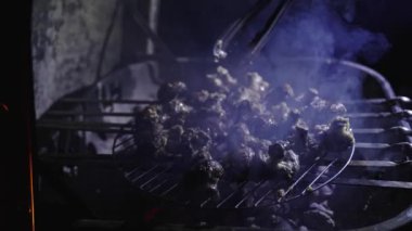 Barbekü kampı açık havada. Kamp yaparken ızgara yapmak. Kamp ateşinde barbekü. Yaşam tarzı konsepti. Izgara mantar yemeği. Barbekü ya da barbekü. Barbekü ızgarasında yemek. Barbekü ızgarası.