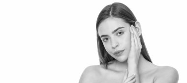 Woman beauty face, close up portrait, isolated banner with copy space. skincare beauty. smooth and soft female skin. woman touch face. young girl with bare shoulders