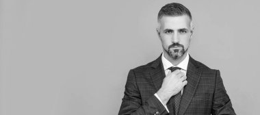 Man face portrait, banner with copy space. confident businessman in formalwear. business success. successful man in businesslike suit