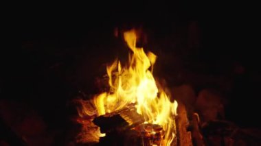 Yanan alevler. Barbekü için yanan ateş. Barbekü için şenlik ateşi. Geceleri kamp ateşi. Kampta kamp ateşi var. Parlak kamp ateşi. Kamp yaşam tarzı. Şenlik ateşi gecesi. Ağır çekim. Kamp ateşi..
