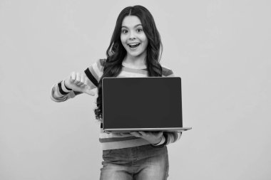 Genç kız öğrenci bilgisayarı tutuyor. Sarı arka planda dizüstü bilgisayarı olan komik bir öğrenci. Okula dönelim. Kopya alanı modellemeli dizüstü bilgisayar ekranı