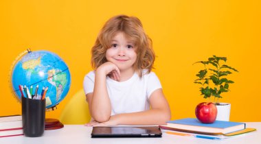 Okul ve çocuklar. Kitap okuyan sevimli sarışın çocuk. Bilgi günü