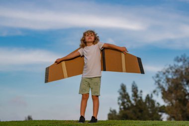 Happy kid playing with toy paper wings outdoors in summer field. Travel and kids vacation concept. Imagination and freedom