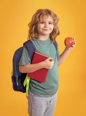 Back to school. School child with book and apple. Learning and knowledge. Go study. Education concept