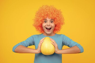 Yaz meyveleri. Genç bir kız çocuğu sarı arka planda izole edilmiş narenciye meyve suyu ya da pomelo tutar. Çocuk sağlıklı besleniyor. Heyecanlı bir genç, şaşkın ve neşeli duygular içinde