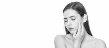 Woman beauty face, close up portrait, isolated banner with copy space. beauty cosmetic. cleansing scrub. presenting female cosmetic product