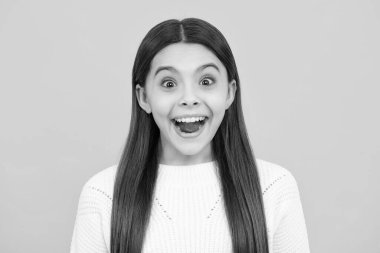 Heyecanlı bir yüz. Şaşırtıcı bir ifade, neşeli ve mutlu. Kafkasyalı genç kızın yakın portresi. Sarı izole edilmiş stüdyo arka planında sevimli bir gencin fotoğrafı.