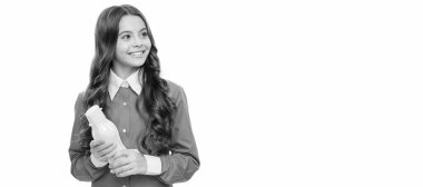 Satisfy your appetite. Happy kid hold bottle isolated on white. Yogurt snack. Appetite control. Horizontal poster of isolated child face, banner header, copy space